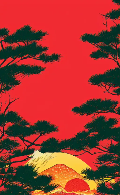 Image similar to hanafuda, a bunch of japanese pines to the left side, a big red sun in the background, front game card, vector line art, trending on behance, concept art, stunning, matte