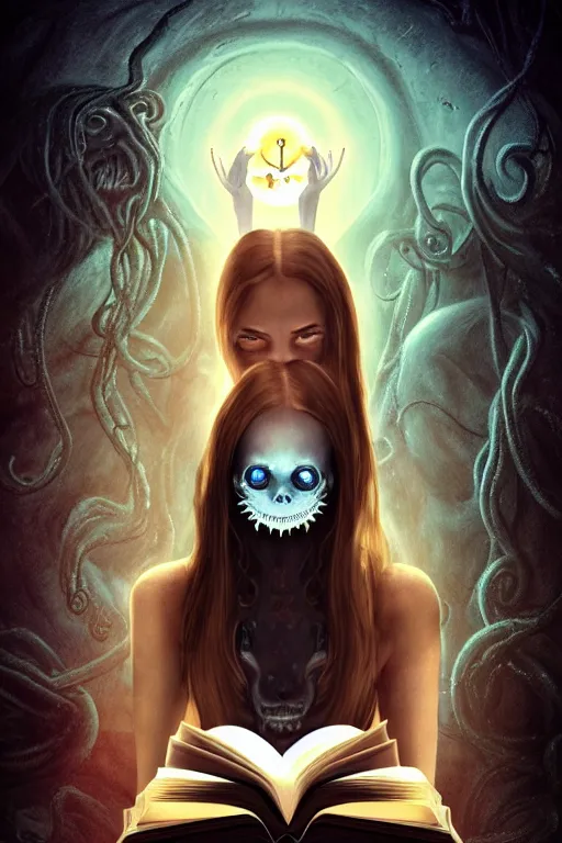 Image similar to romantic photo of bright girl, her cat and her book of necronomicon, symmetrical, cinematic, real dlsr photography, sharp focus, 4 k, ultra hd, sense of awe, sinister demonic atmosphere, dreadful, forbidden knowledge, old gods, cthulhu, yog - sothoth! yah, yah, yah! cultist journal cover