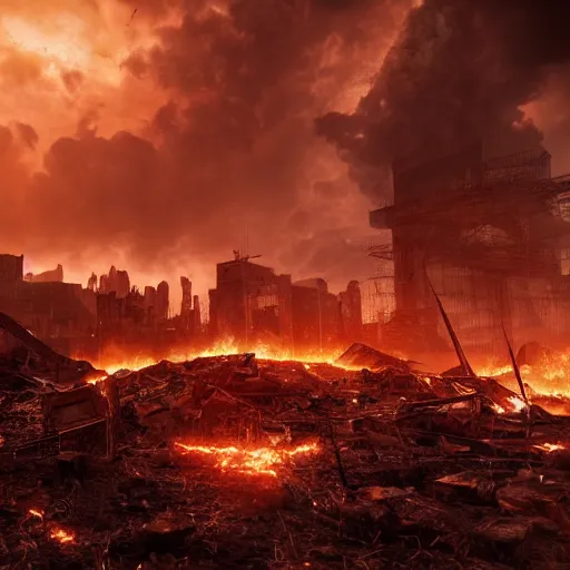 Prompt: post apocalyptic earth with fire everywhere and destroyed buildings, surreal, sharp focus, digital art, epic composition, concept art, dynamic lighting, intricate, highly detailed, 8 k, unreal engine, blender render