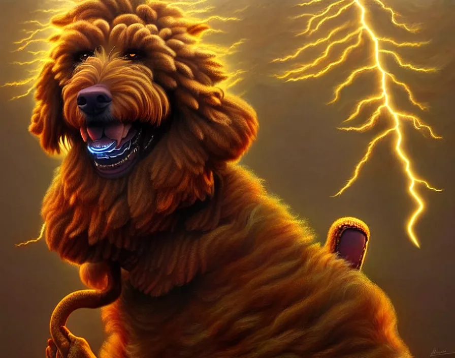 Prompt: an epic painting of a male anthropomorphic brown goldendoodle fursona as zeus, shooting lightning bolts from his paws, by alex grey and greg rutkowski, intricate details, artstation, furry, cinematic, hd, beautiful