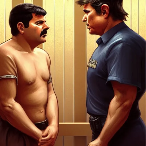 Prompt: illustration of donald trump and El Chapo sharing a prison cell in jail. videogame cover art, highly detailed, digital painting, artstation, concept art, smooth, detailed armor, sharp focus, beautiful face, illustration, art by Artgerm and greg rutkowski and alphonse mucha