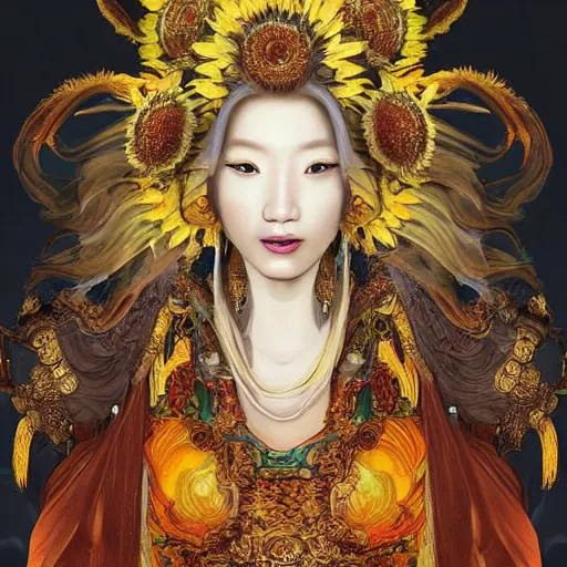 Image similar to Portrait of the Sunflower Goddess, a Chinese female deity that brings joy and light onto the world. Headshot, insanely nice professional hair style, dramatic hair color, digital painting, of a old 17th century, amber jewels, baroque, ornate clothing, scifi, realistic, hyperdetailed, chiaroscuro, concept art, art by Franz Hals and Jon Foster and Ayami Kojima and Amano and Karol Bak,