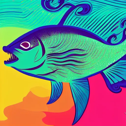 Prompt: one stylized fish with saturated colors in the ocean viewed in profile, seaweed, background with complex patterns and desaturated colors, sparkles, artstation, intricate, realistic, highly detailed, digital painting, concept art, sharp focus, illustration by tom whalen and charles williams and kilian eng and james jean