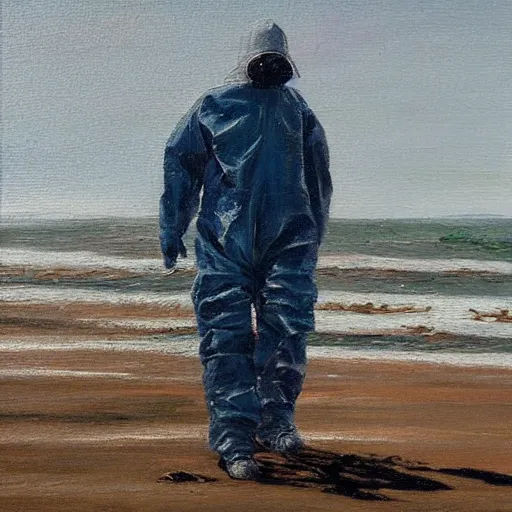 Image similar to a man in a hazmat walking on an abandoned beach, oil painting