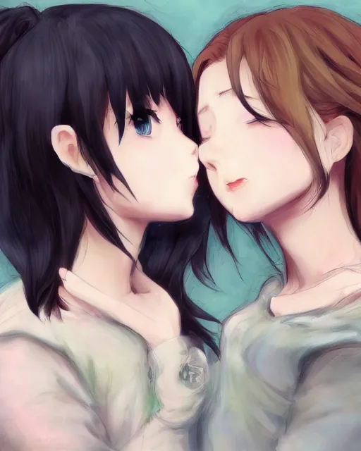 Image similar to portrait of two girls kissing, anime, trending on Artstation