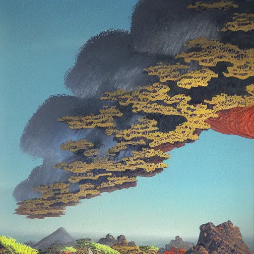 Image similar to detailed painting of a lush natural scene on an alien planet by tojiro oshita. beautiful landscape. weird vegetation. cliffs and water.