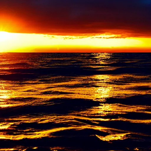 Image similar to sunset on the ocean, water is glowing golden, gold colored glowing water, sun surrounded by blackness, sky completely dark, night sky with stars visible with the sun still on the horizon