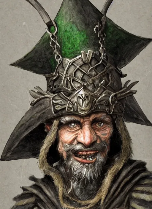 Image similar to a skaven from warhammer fantasy with a gray beard, wearing jewelry, tricorne hat, green robe, mean, dark tones, warlock, d & d, digital art, detailed face, highly detailed, trending on artstation, realistic