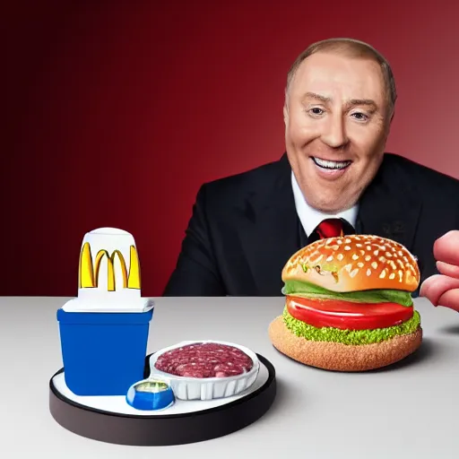 Prompt: New McDonald's caviar and steak tartare Happy Meal with Russian Oligarch toy, realistic product photo