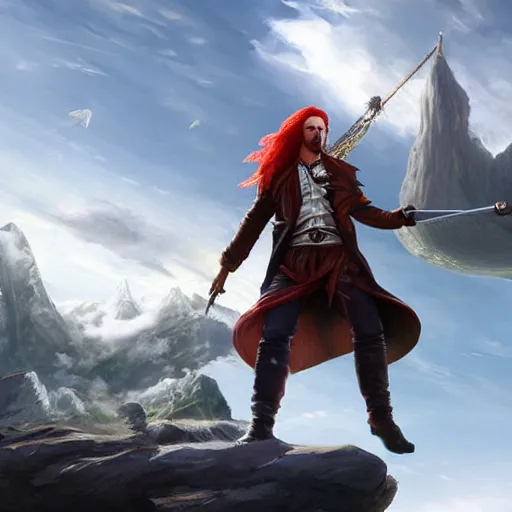 Image similar to male sky-pirate with long red hair standing in front of an airship, high detail face, realistic, ultra detailed, shallow focus, forest, mountains in the background concept art design as if designed by Wētā Workshop