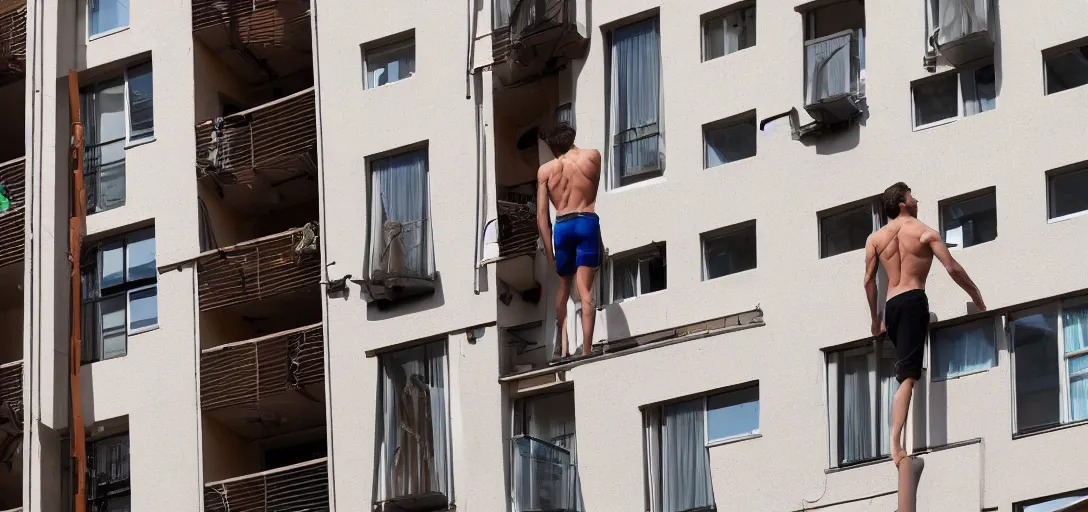 Image similar to young bodybuilder man with brown hair and blue eyes is on a 3rd floor apartment's balcony, looking into another building's window where he can see a gorgeous blonde woman showering
