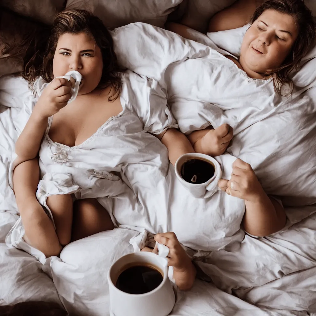 Prompt: photo of a beautiful fat woman drinking coffee in a bed with white sheets drinking coffee in the style of telous lautrec