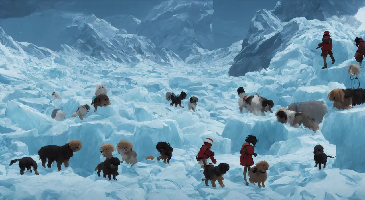 Prompt: havanese dogs and arctic explorers, crossing glaciers, 1 9 0 0, tartakovsky, atey ghailan, goro fujita, studio ghibli, rim light, harsh midday lighting, clear focus, very coherent