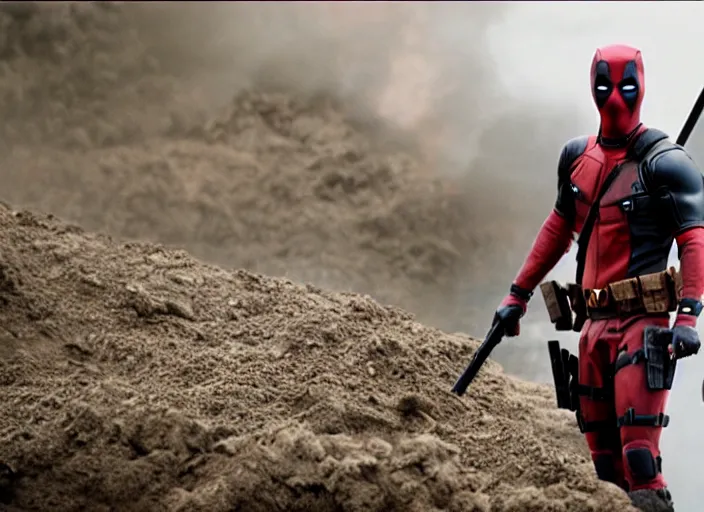 Image similar to film still of deadpool in the new dirty jobs tv series, 4 k