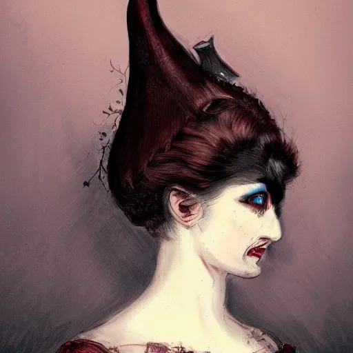 Image similar to head and shoulder professional portrait of a victorian female vampire, painted in the style of bloodborne, muted colors, vampire fashion, highly detailed, melancholy, vampire teeth