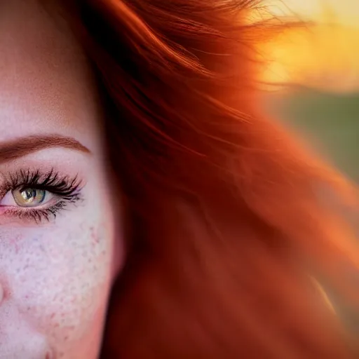 Image similar to close up portrait photo of the left side of the face of a redhead woman with galaxy of stars in her eyes, she looks directly at the camera. Slightly open mouth, face covers half of the frame, with a park visible in the background. 135mm nikon. Intricate. Very detailed 8k. Sharp. Cinematic post-processing. Award winning photography