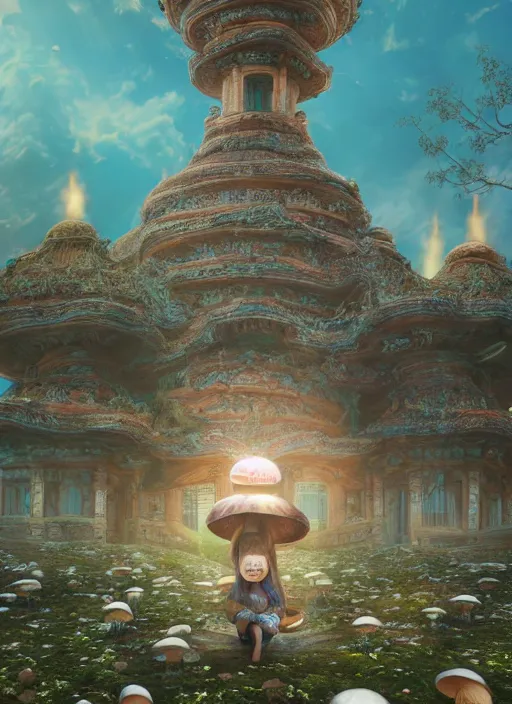 Image similar to wide - angle shot of mushroom temple, depth of field, zeiss lens, detailed, symmetrical, centered, fashion photoshoot, by nicoletta ceccoli, mark ryden, lostfish, earl nore, hyung tae, frank frazetta, breathtaking, 8 k resolution, extremely detailed, beautiful, establishing shot, artistic, hyperrealistic, octane render