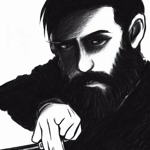 Image similar to a drawing of a man with black hair and beard wearing a black jacket, white shirt and jeans, holding a sword, cinematic