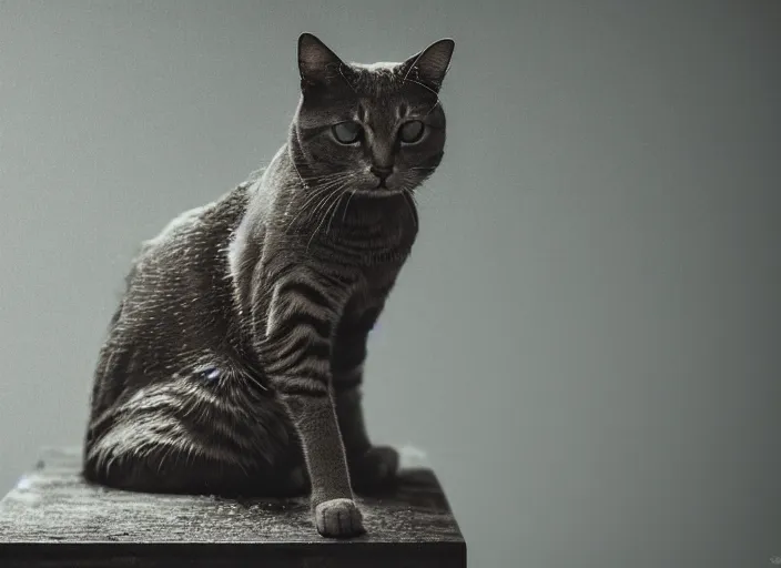 Image similar to photography of a Cat sitting on a box. in a room full of posters, photorealistic, raining award winning photo, 100mm, sharp, high res