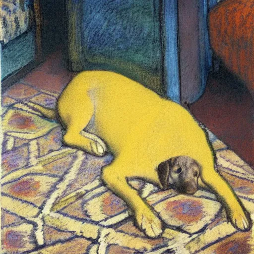 Image similar to degas painting of a yellow lab sleeping contentedly on a patterned rug inside a house at night, lit by warm yellow floodlights