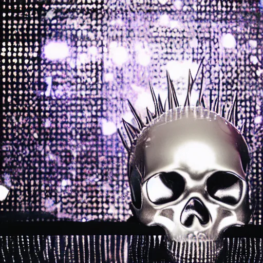 Image similar to a low poly disco skull full of long spikes, reflecting light in a nightclub, grainy film photograph