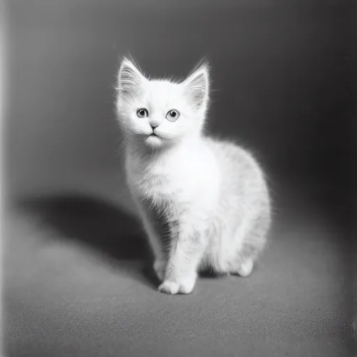 Image similar to a portrait photo of a cute solid gray solid white kitten wearing a tuxedo by edward weston, auto graflex, 2 1 0 mm ƒ / 6 4 zeiss tessar, agfa isopan iso 2 5, pepper no. 3 5, 1 9 3 0, high quality photo, highly detailed, studio lighting, fine - art photography, tack sharp