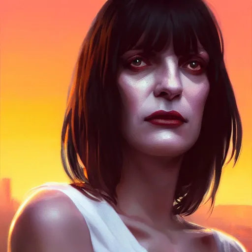 Image similar to a closeup portrait of mia wallace, dramatic light, city background, sunset, high contrast, sharp, painted by stanley lau, painted by greg rutkowski, painted by stanley artgerm, digital art, trending on artstation