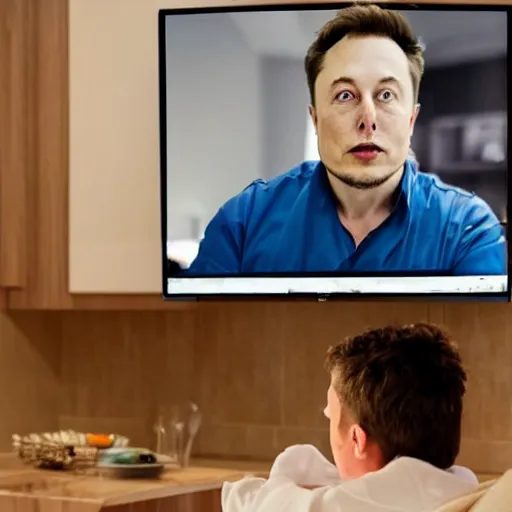 Prompt: picture of elon musk with blue eyes watching tv while cooking a meal, good lighted photo, sharp details, detailed, hd, hdr