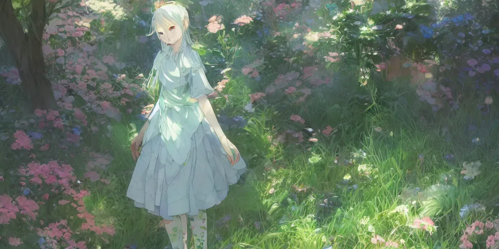 Image similar to a depressed digital art, loli in dress, garden, green and warm theme, blue accents, back lighting, highly detailed, 4 k resolution, trending on art station, by krenz cushart and mucha and akihito yoshida and greg rutkowski and makoto shinkai