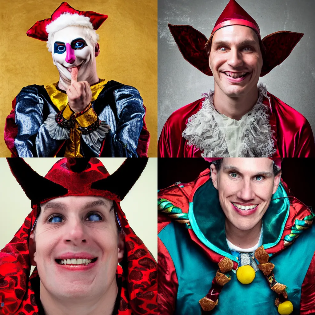 Prompt: Jerma985 as the court jester, headshot photography, portrait.