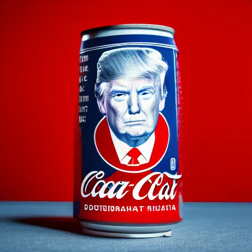 Prompt: a dslr photograph of a can of diet coke with donald trump's face on it, 8 5 mm f 2