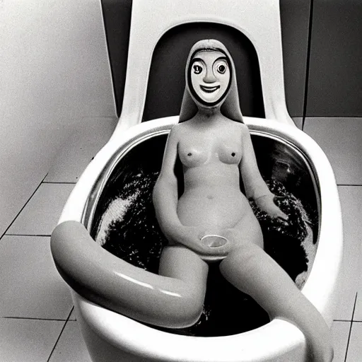 Image similar to a female anthropomorphic intestine in a bathtub, children's television show, 1974, technicolor