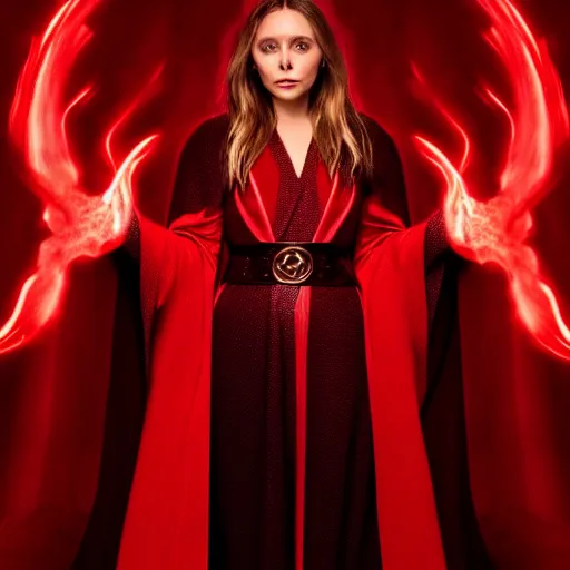 Prompt: a full body image of elizabeth olsen in a red wizards robe casting an evil spell, detailed face, red swirls, ominous lighting, night time, high quality