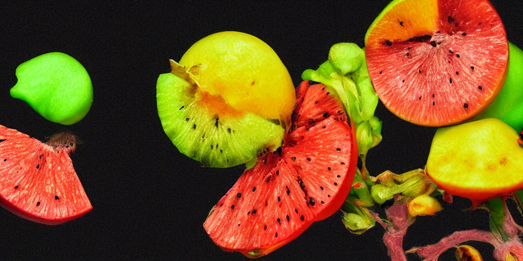 Prompt: spores and mold on a colorful fruit, ultra realistic with black background. shiny. photograph 50mm. medium format. isometric. volume. global illumination. bloom