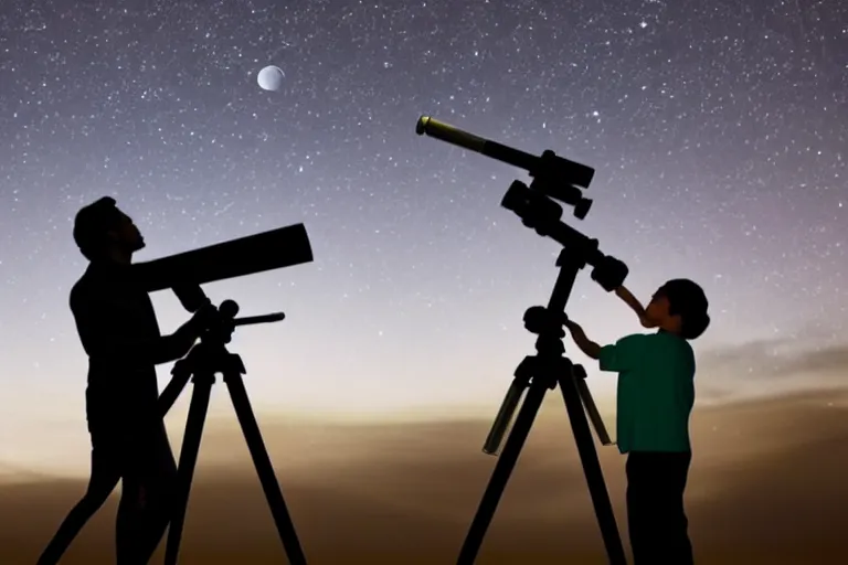 Image similar to an astronomy teacher looking up on a telescope, moon, clear skies, starry skies