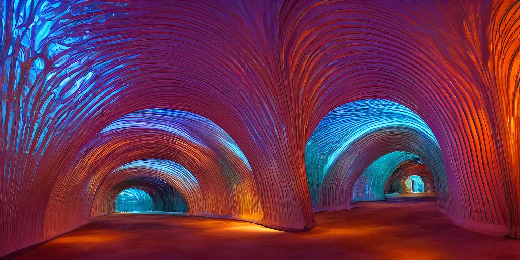 Image similar to extremely detailed awe stunning beautiful futuristic smooth curvilinear museum interior, translucent gills, hyper real, 8k, colorful, 3D cinematic volumetric light, atmospheric light