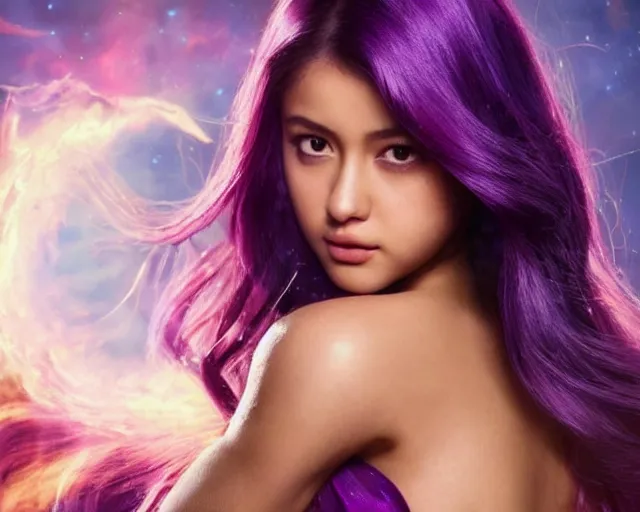 Image similar to cute Liza Soberano in epic battle pose, cinematic, 4k, hyper realistic, super detailed, colorful accents, purple hair, golden ratio, symmetrical face, highly detailed professional photo