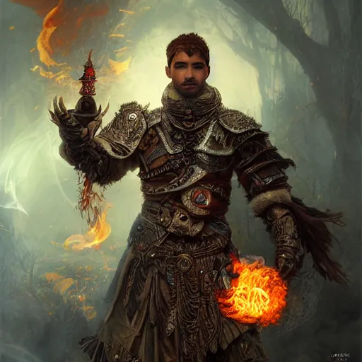 Image similar to HDR, realistic, high depth of field portrait of beautiful athletic male human latino short-haired sun cleric druid shaman with firefox pet, flame conjuring armored, highly detailed, moody face expression, intricate image by Andrei Riabovitchev, Shaun Tan and Peter Mohrbacher, matte painting