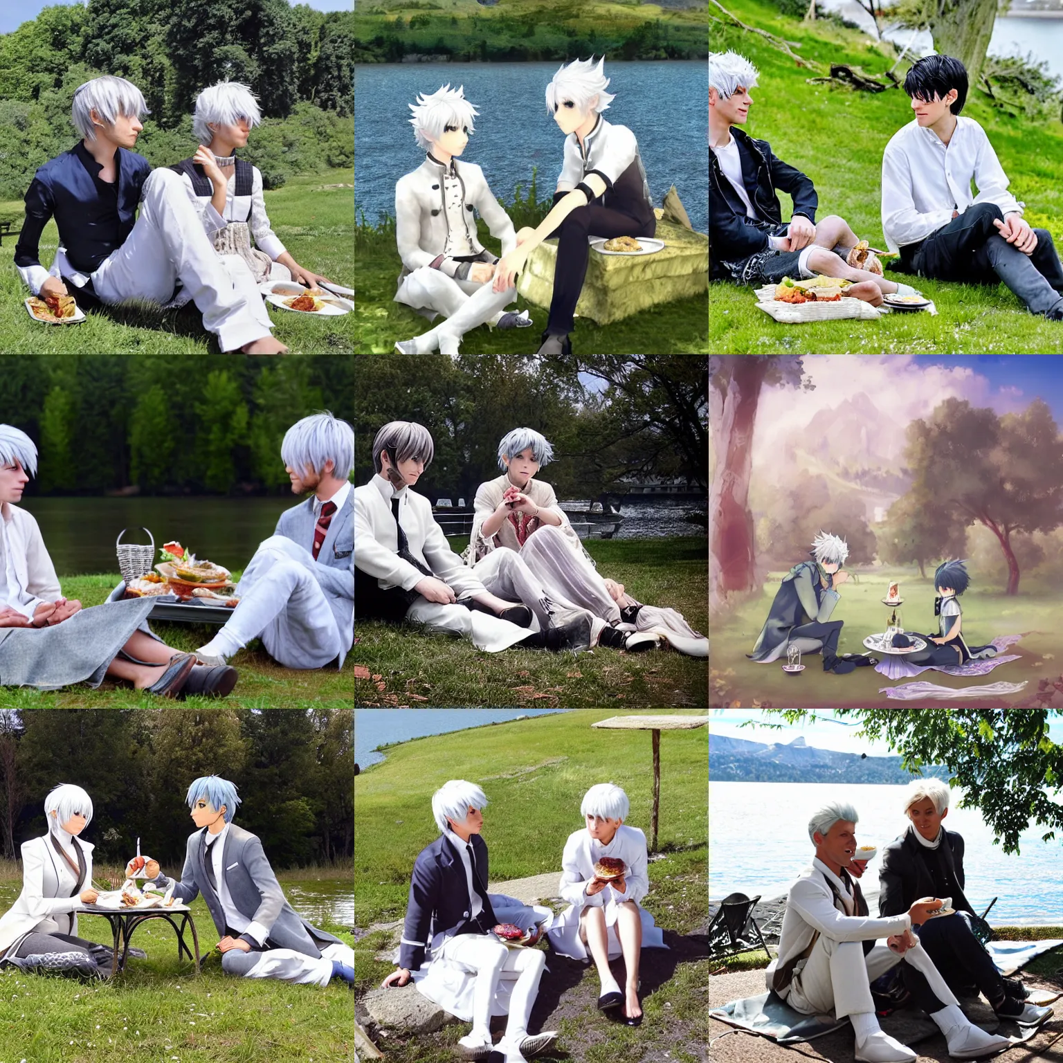 Prompt: alphinaud and alisaie leveilleur having lunch near a lake. they are sitting on the grass, the weather is nice.