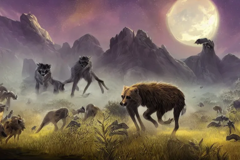 Image similar to colony of beautiful elegant otherworldy animals+hyenas, landscape, fantasy, sci-fi, concept art, speculative evolution, 4k ultra hd, digital art