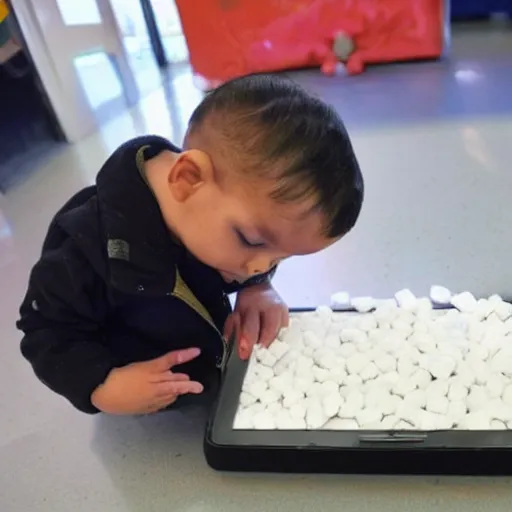 Image similar to Toddler buying 100kg of cocaine on Ipad. Kilos of cocaine in the background