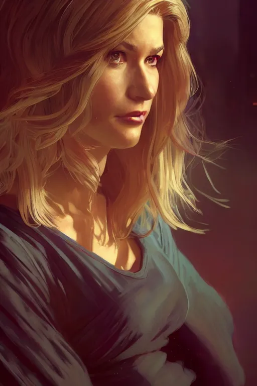 Image similar to gta 5 jenna fisher profile picture by greg rutkowski, pam, the office, dynamic pose, intricate, futuristic, fantasy, elegant, by stanley artgerm lau, greg rutkowski, thomas kindkade, alphonse mucha, loish, norman rockwell, fantasy lut, asymmetric, long hair, retro computer graphics, video game, fluid lines,