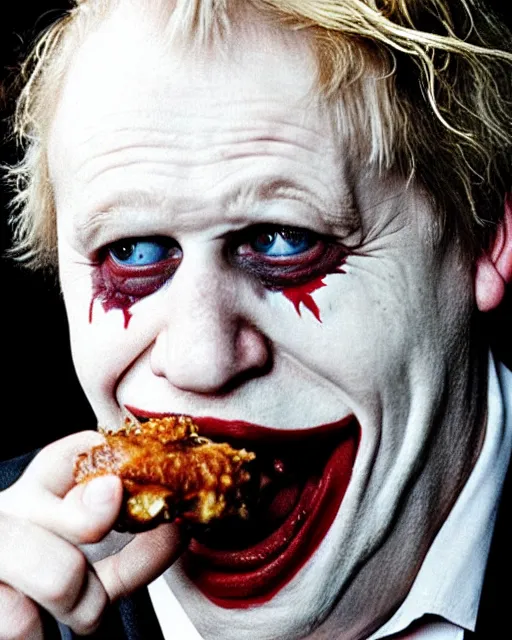 Image similar to film still close - up shot of boris johnson as the joker eating fried chicken from the movie the dark knight. photographic, photography