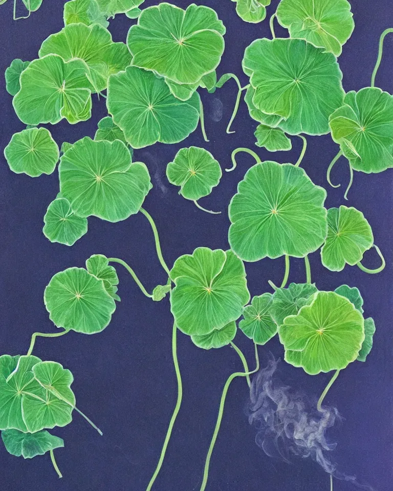 Image similar to fine painting of teal leafed nasturtiums and blue incense smoke.