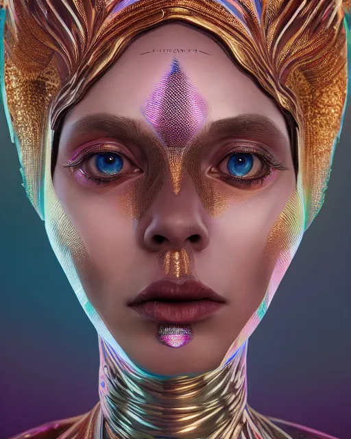 Image similar to highly detailed surreal vfx portrait of a metallic chromatic geometric tribal woman, behance, stephen bliss, unreal engine, greg rutkowski, loish, rhads, beeple, makoto shinkai and lois van baarle, ilya kuvshinov, rossdraws, tom bagshaw, alphonse mucha, global illumination, detailed and intricate environment