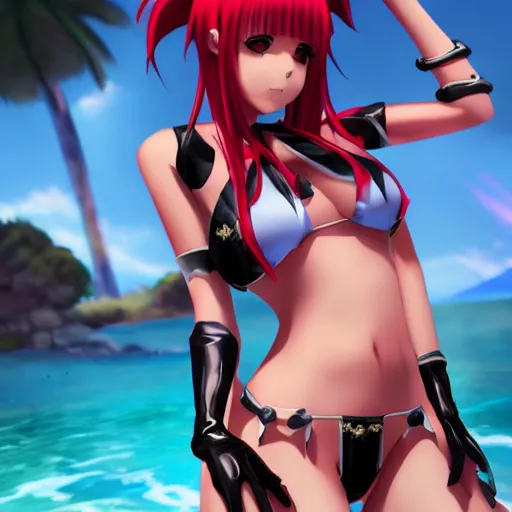 Image similar to cute anime anime girl wearing latex bikini. cinematic dramatic atmosphere, sharp focus, volumetric lighting. world or warcraft