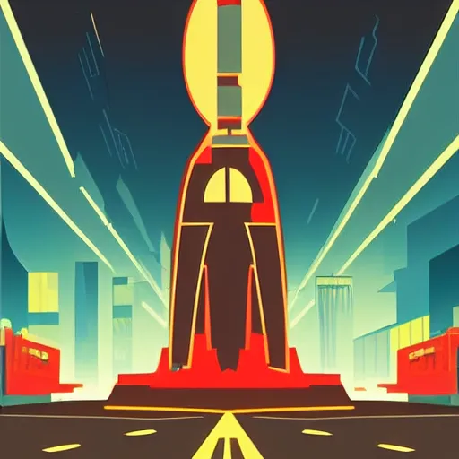 Prompt: rocket standing on a street in the middle of a cyberpunk city, neon signs, beige background, minimalism, clouds, night time, dramatic lighting flat design, flat colors, in the style of a soviet propaganda poster