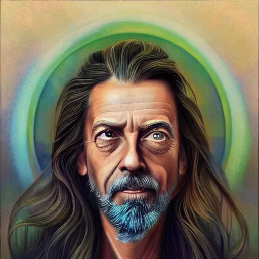 Prompt: Anna Dittmann painting of Alan watts, trending on art station, drawn by alex grey