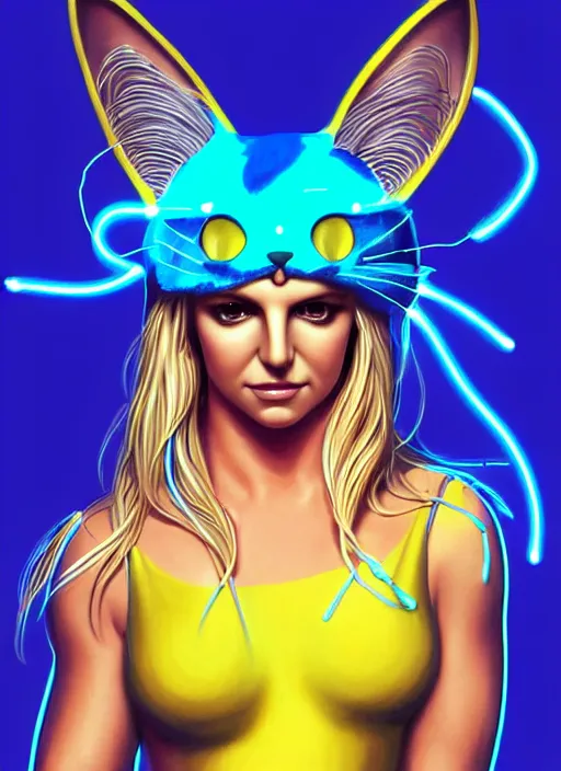 Image similar to britney spears in blue and yellow cat costume, cat ears, intricate, elegant, glowing lights, highly detailed, digital painting, artstation, glamor pose, concept art, smooth, sharp focus, illustration, art by artgerm and greg rutkowski, artey freytag