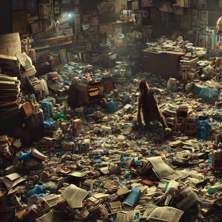 Prompt: a cinematic shot of a hoarder in a room filled with garbage, stacks of newspaper, piles of toys, octane render, volumetric lighting, nvidia raytracing demo, by Andy Thomas, Mario Martinez, Daniel Mirante, Gustave Dore, Artstation, CGsociety, masterpiece